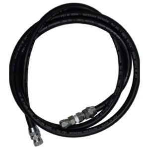 Coiled black hose with metallic connectors on each end.