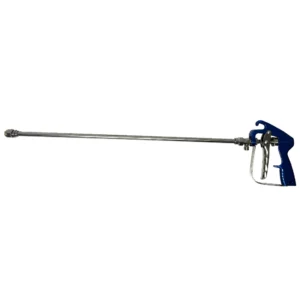 A metal spray gun with a blue ergonomic handle and long barrel.