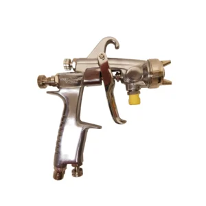 A metallic spray gun with a textured grip and various adjustment knobs.
