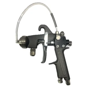 Black spray gun with a curved metal tube and ergonomic handle.