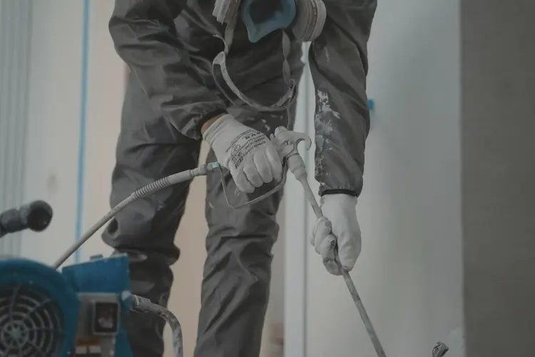 Person operating machinery with a hose, wearing protective gear.