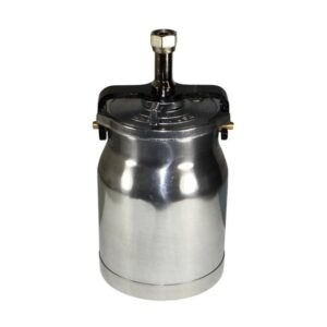 A stainless steel keg with a black handle and valve on top.