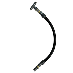 Black rubber hose with metal fittings and a T-shaped handle on one end.