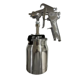 Metal spray gun with an attached canister.